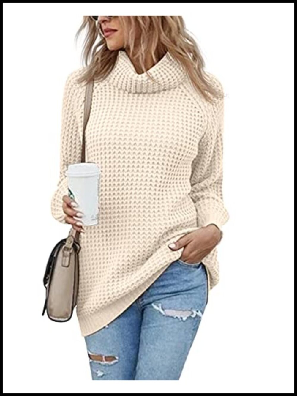 Women's Oversized Chunky Cable Knit Turtleneck Sweater, Long Sleeve Lightweight